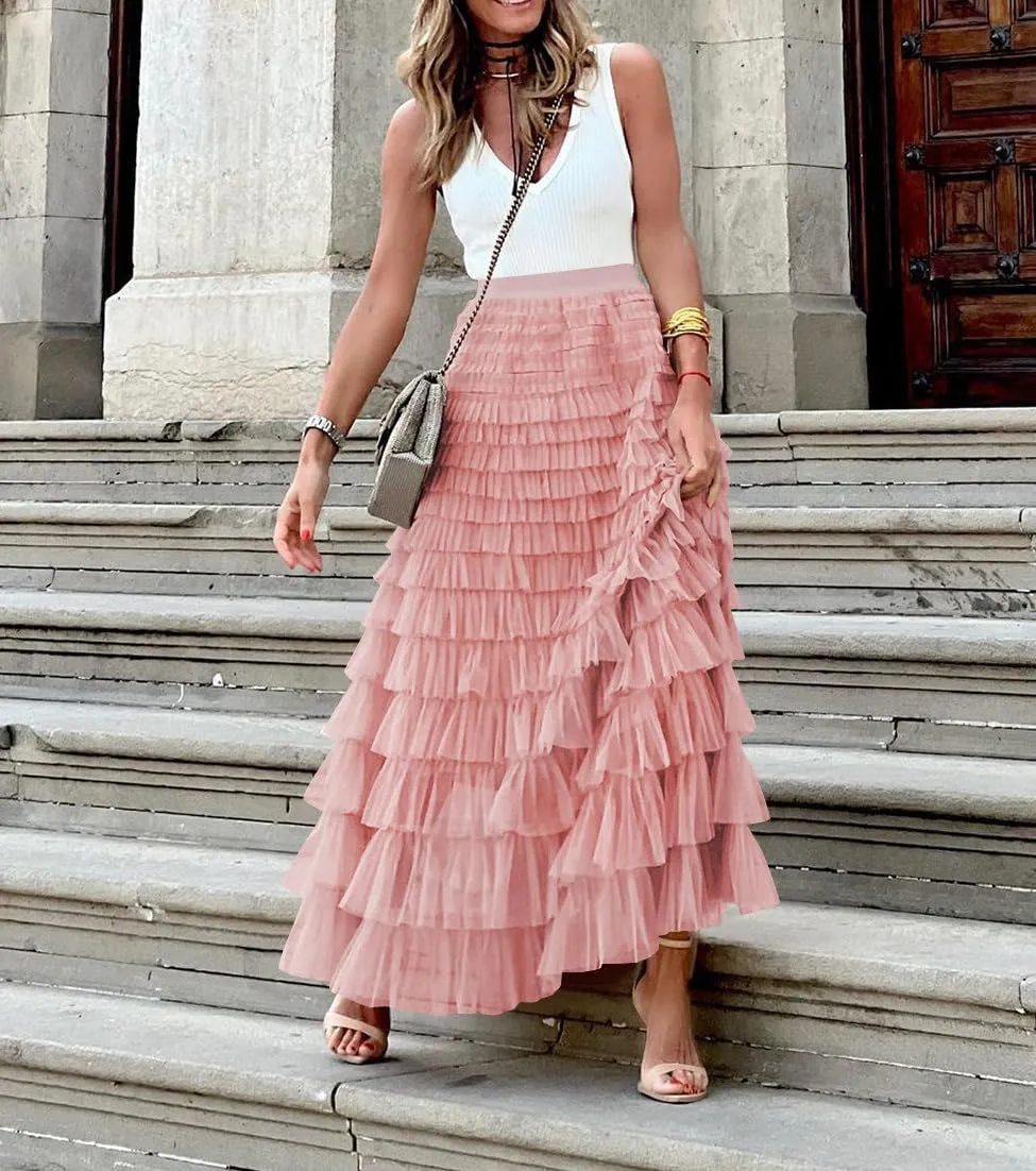 Generic KELYWELL Long Maxi Tiered Tulle Skirts for Women's High Waisted A-Line Layered Mesh Tutu Skirt Sweet Ruffle Petticoat