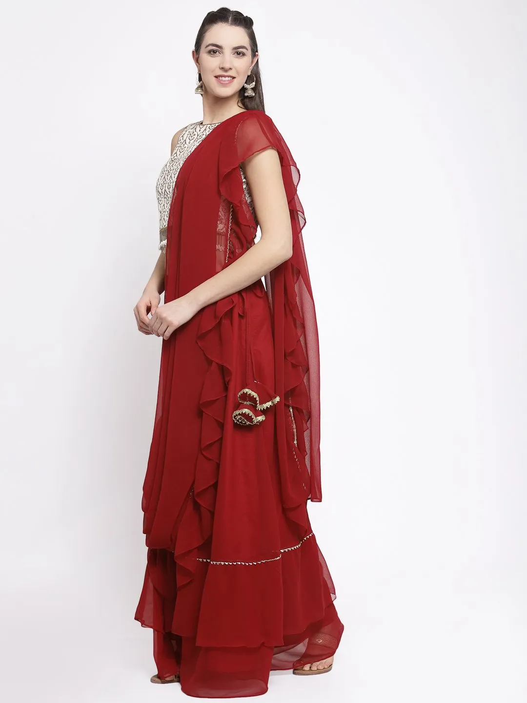 Georgette Embellished Tiered Lehenga Set With Attached Dupatta