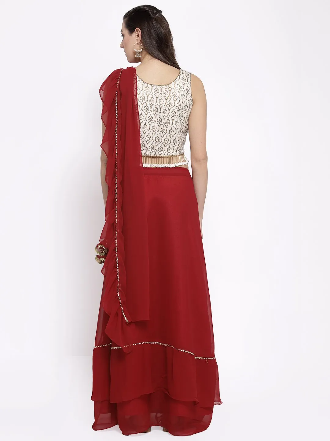 Georgette Embellished Tiered Lehenga Set With Attached Dupatta
