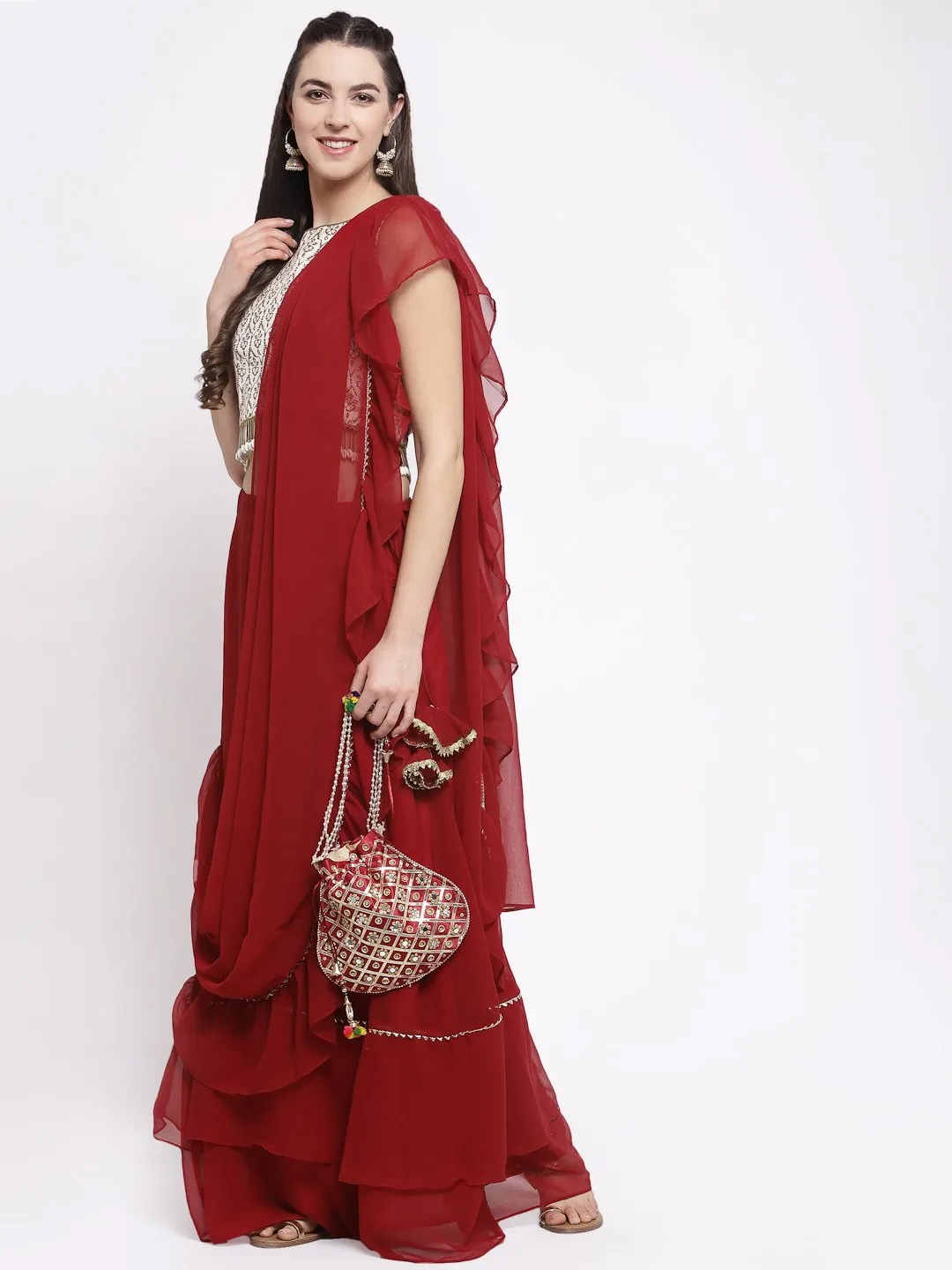 Georgette Embellished Tiered Lehenga Set With Attached Dupatta