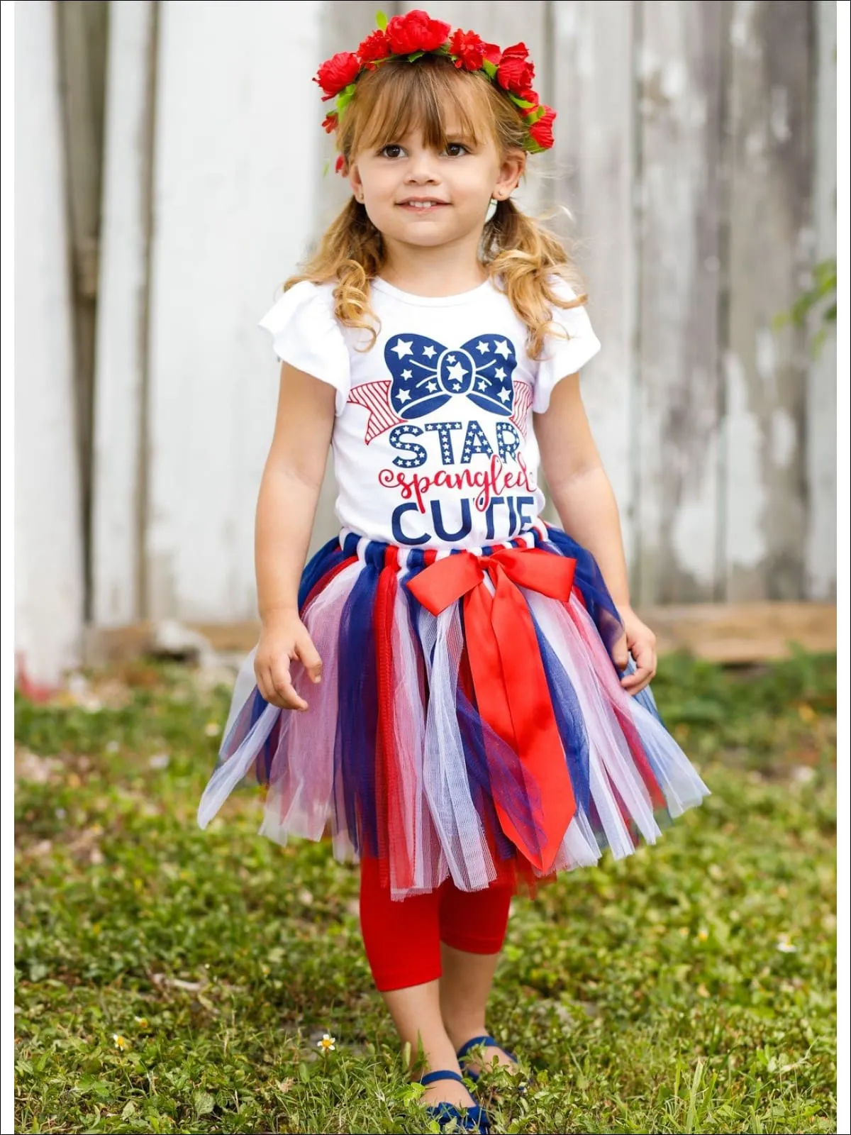 Girls 4th of July Themed Flutter Sleeve Printed Top And Bow Tutu Skirt Set