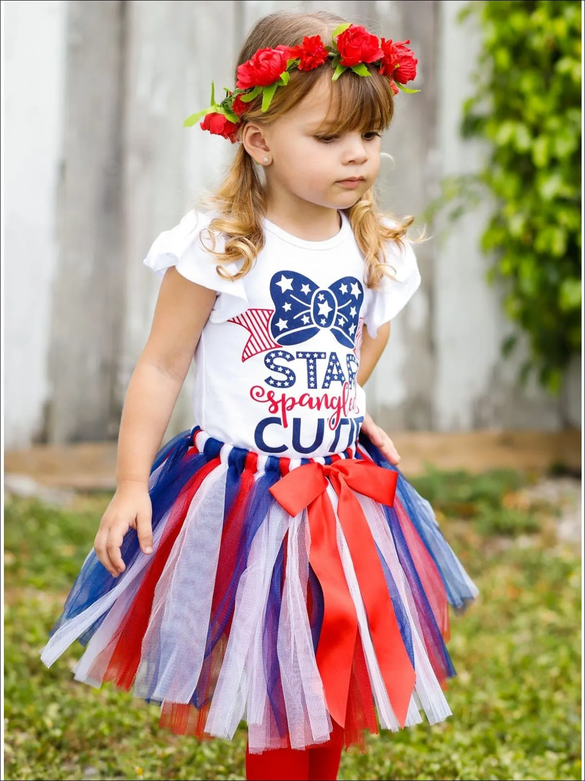 Girls 4th of July Themed Flutter Sleeve Printed Top And Bow Tutu Skirt Set