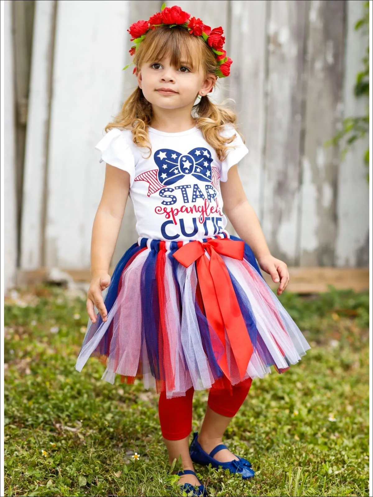 Girls 4th of July Themed Flutter Sleeve Printed Top And Bow Tutu Skirt Set