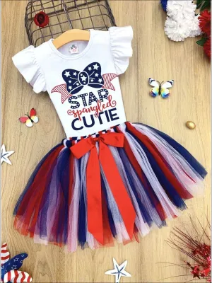 Girls 4th of July Themed Flutter Sleeve Printed Top And Bow Tutu Skirt Set
