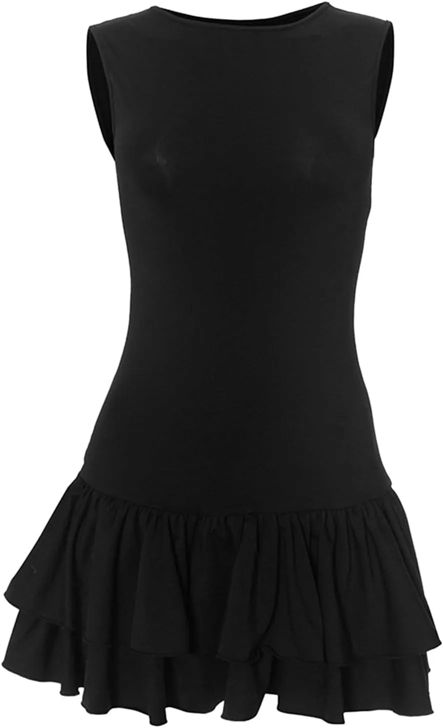 Girls Dresses Size 10-12 Mini Dress Double Layered Ruffle Hem Ruched Tiered Skirt Bodycon Sleeveless Tank Dresses