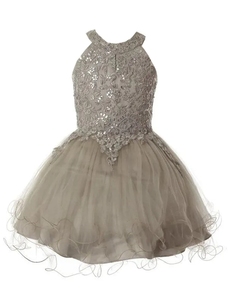 Girls Halter Neck Rhinestone Party Tulle Flower Girl Junior Bridesmaid Dress, Sizes 2-16