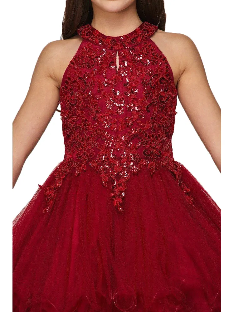Girls Halter Neck Rhinestone Party Tulle Flower Girl Junior Bridesmaid Dress, Sizes 2-16
