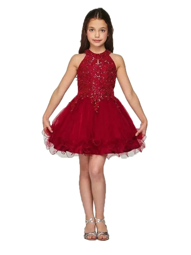 Girls Halter Neck Rhinestone Party Tulle Flower Girl Junior Bridesmaid Dress, Sizes 2-16