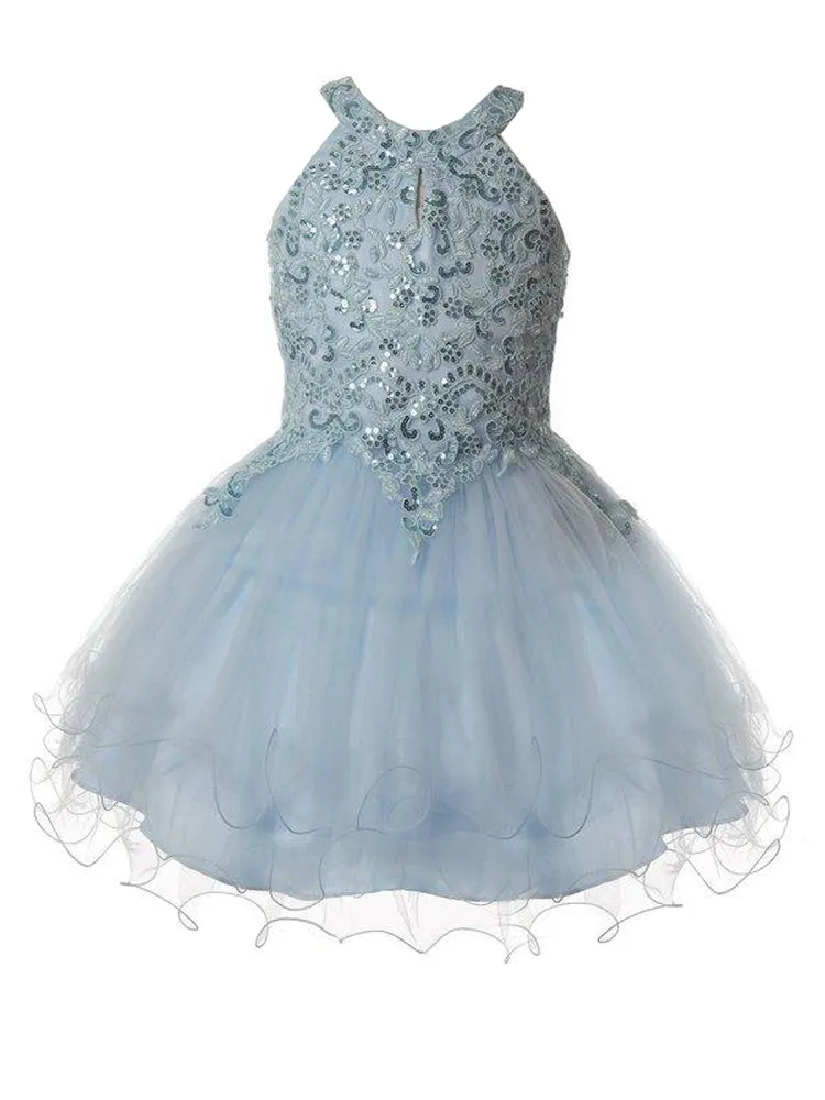 Girls Halter Neck Rhinestone Party Tulle Flower Girl Junior Bridesmaid Dress, Sizes 2-16