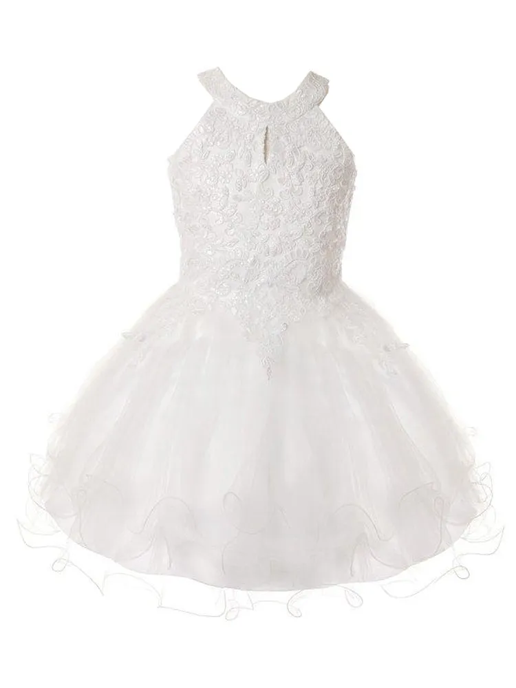 Girls Halter Neck Rhinestone Party Tulle Flower Girl Junior Bridesmaid Dress, Sizes 2-16