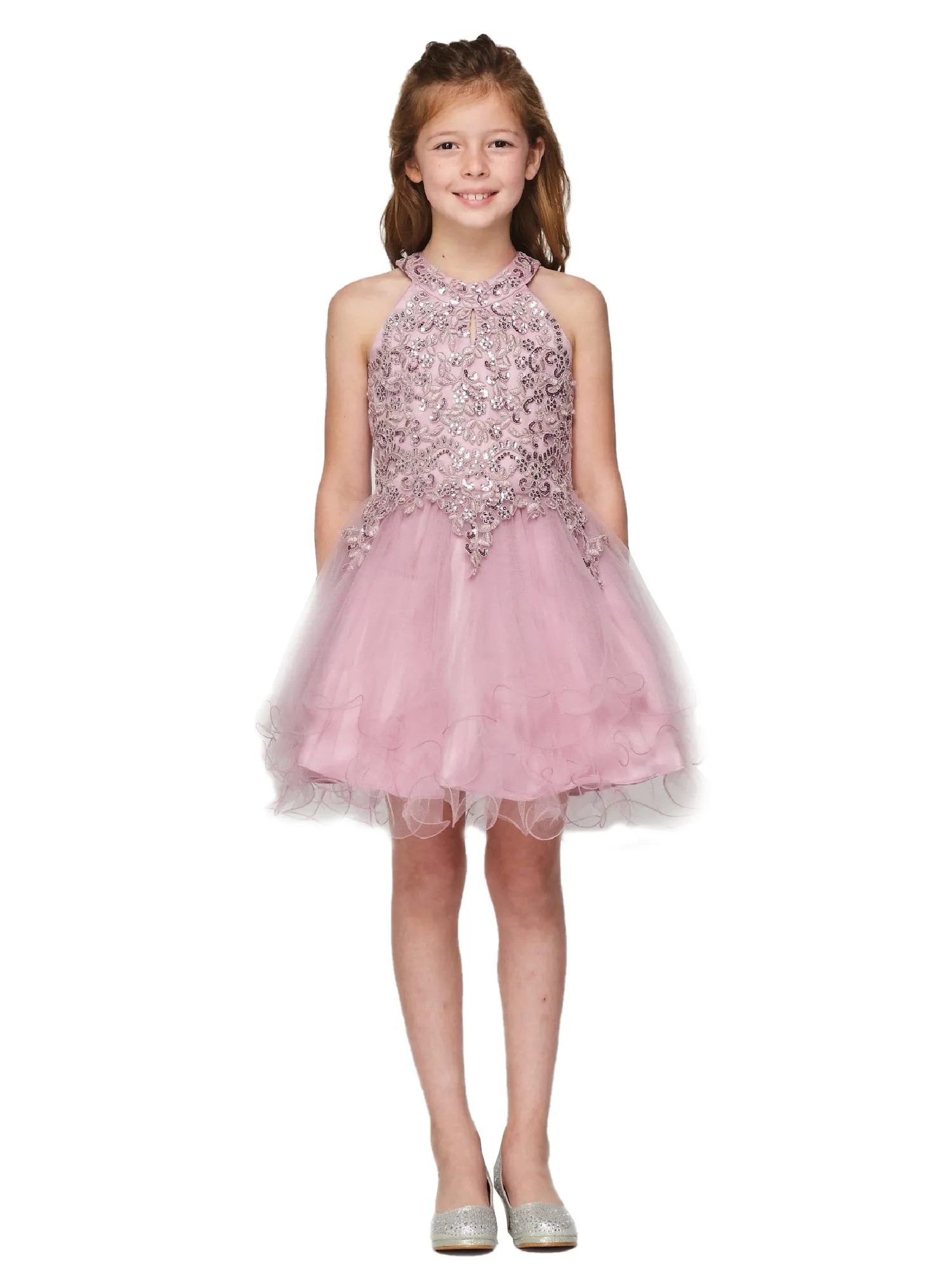 Girls Halter Neck Rhinestone Party Tulle Flower Girl Junior Bridesmaid Dress, Sizes 2-16