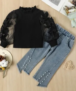 Girls' Lace Puff Sleeve Top with Denim Pearl Beaded Pants