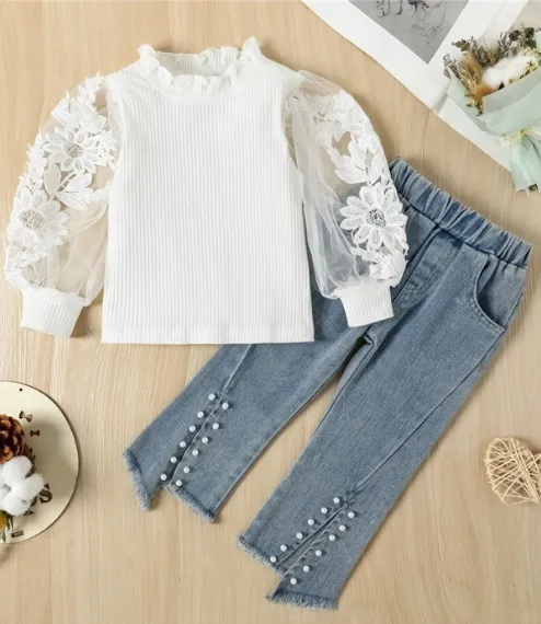 Girls' Lace Puff Sleeve Top with Denim Pearl Beaded Pants
