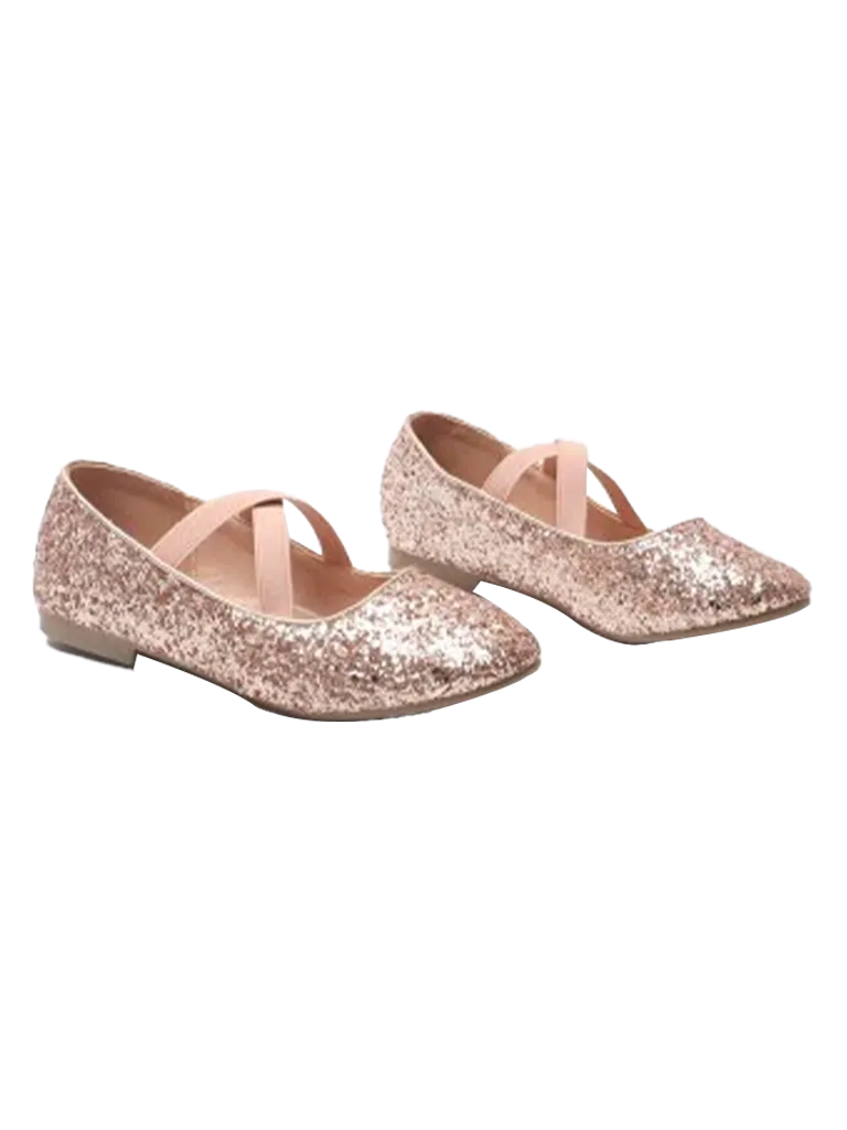 Girl's Mary Jane Ballerina Crossover Straps Glitter Flat Shoes