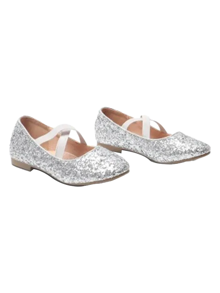 Girl's Mary Jane Ballerina Crossover Straps Glitter Flat Shoes