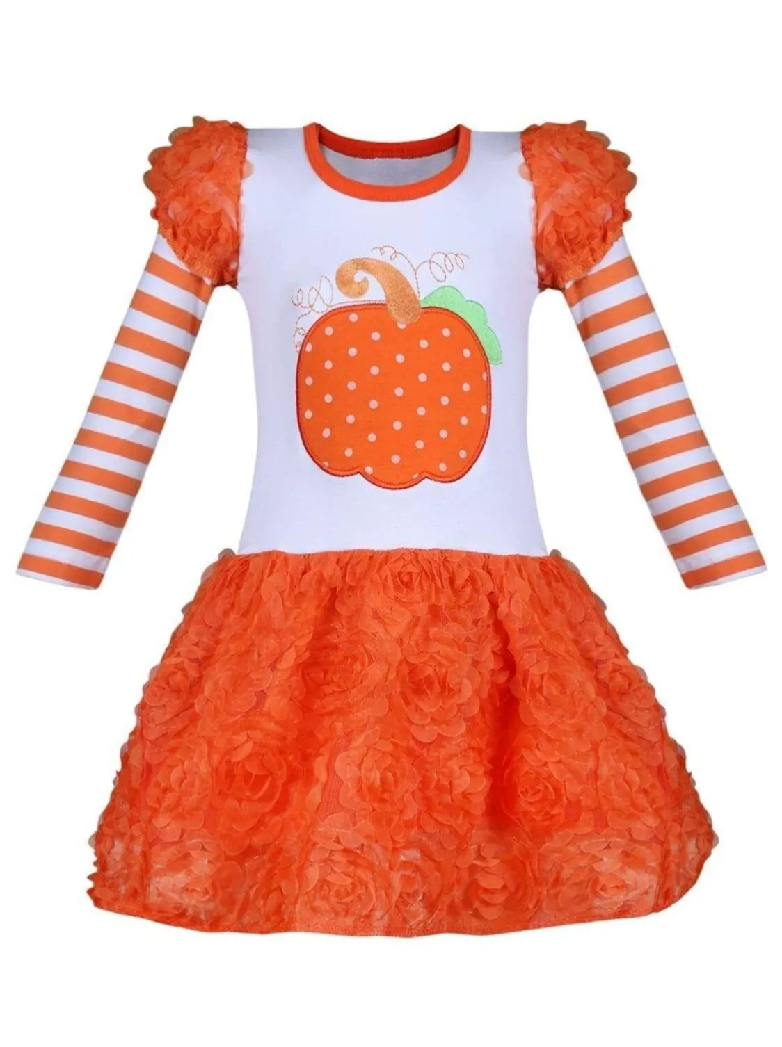 Girls Striped Puff Long Sleeve Orange Tutu Skirt Dress with Pumpkin Applique