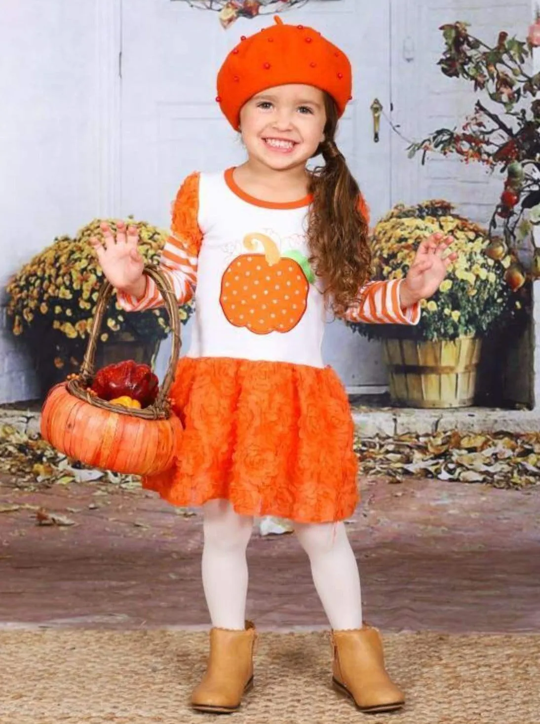 Girls Striped Puff Long Sleeve Orange Tutu Skirt Dress with Pumpkin Applique