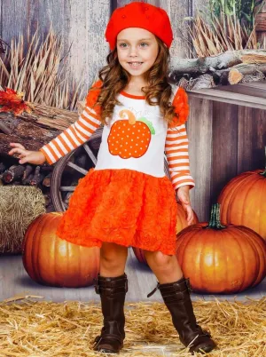 Girls Striped Puff Long Sleeve Orange Tutu Skirt Dress with Pumpkin Applique
