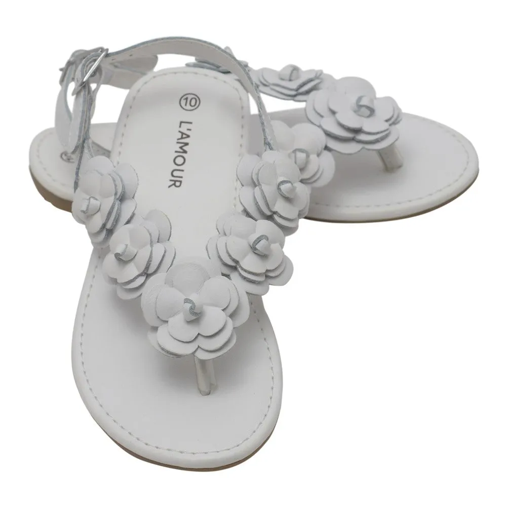 Girls White Flower Blossom Accent Buckle Thong Sandals 7-10 Toddler