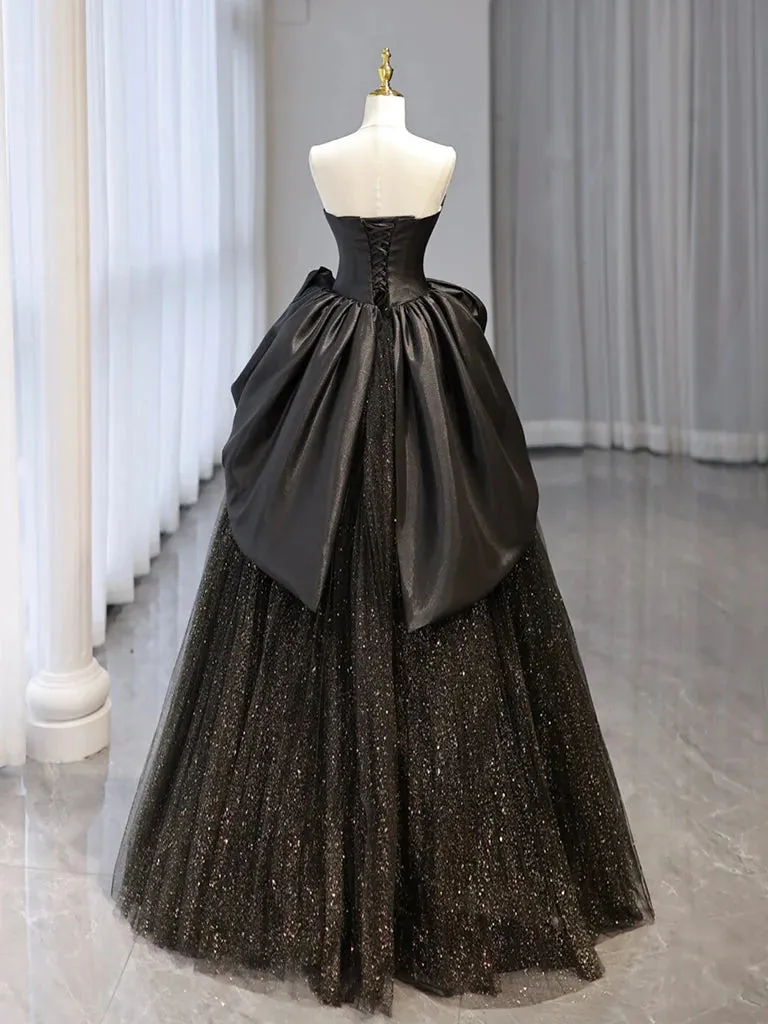 Glitter A-Line Sweetheart Neck Tulle Satin Ballgown Black Long Prom Dress