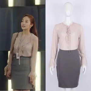 Gold Secretary Celebrity Inspired Fungus Edges Lace Flare Sleeves A-Line Sets Women Skirt