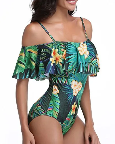 Gorgeous Off Shoulder One Piece Vacation Swimwear-Tropical Leaf