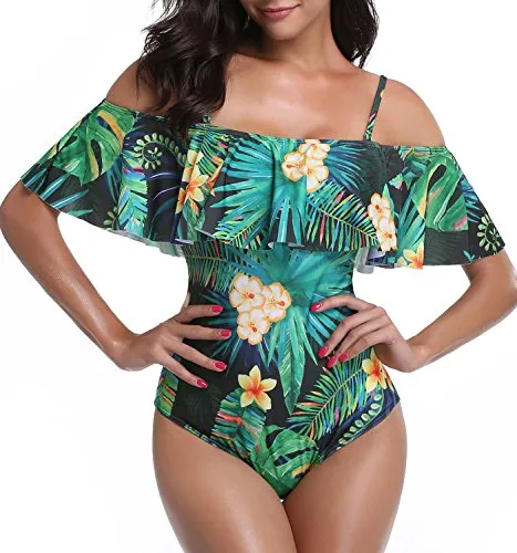 Gorgeous Off Shoulder One Piece Vacation Swimwear-Tropical Leaf