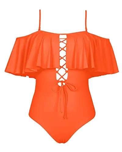 Gorgeous Removable Strap Off The Shoulder One Piece Swimsuit For Juniors-Neon Orange