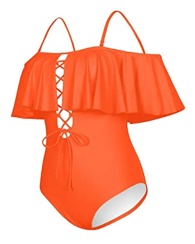 Gorgeous Removable Strap Off The Shoulder One Piece Swimsuit For Juniors-Neon Orange