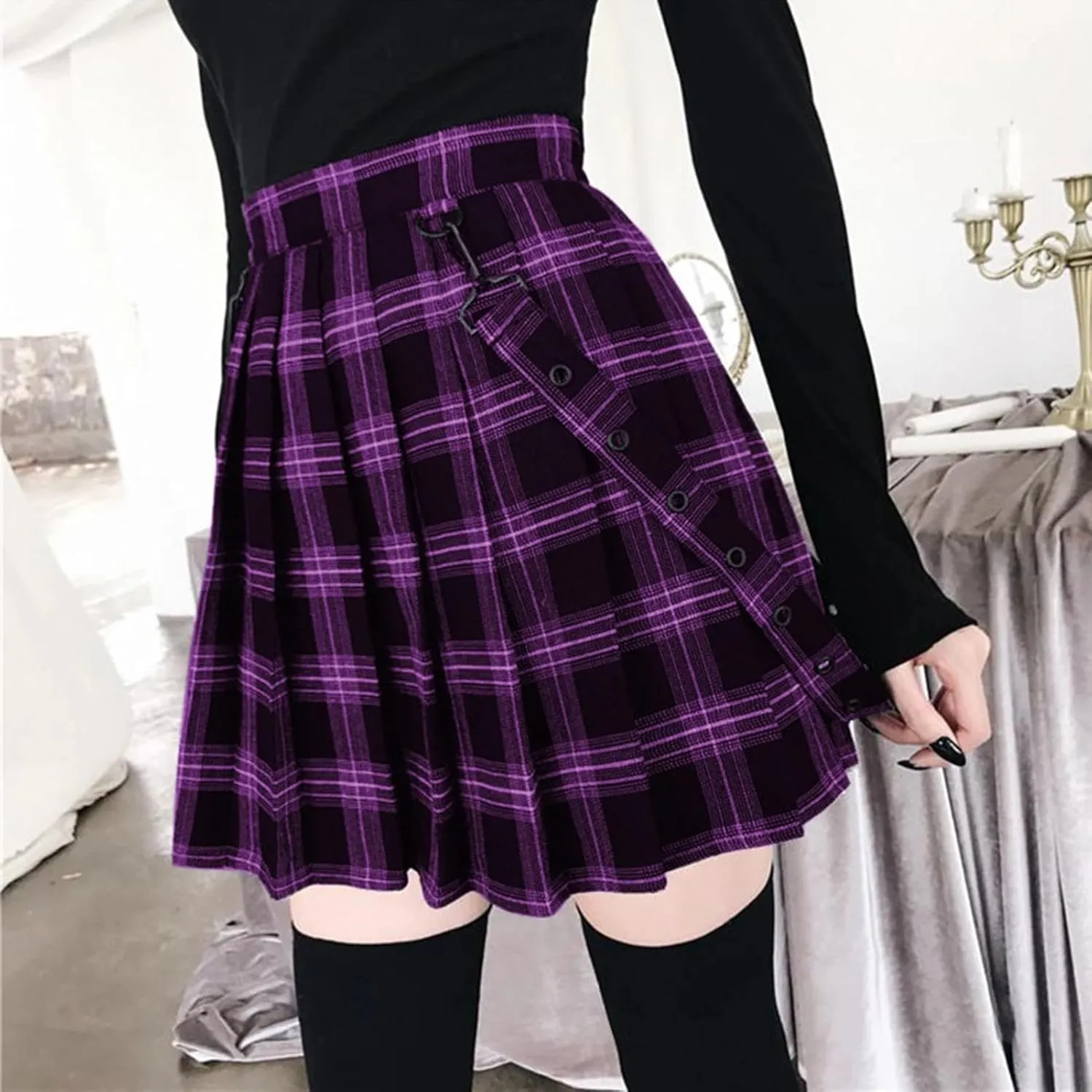 Gothic Plaid Mini Skirt Women Strap Pleated Skirts Waist Casual Plus