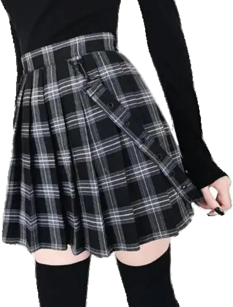 Gothic Plaid Mini Skirt Women Strap Pleated Skirts Waist Casual Plus