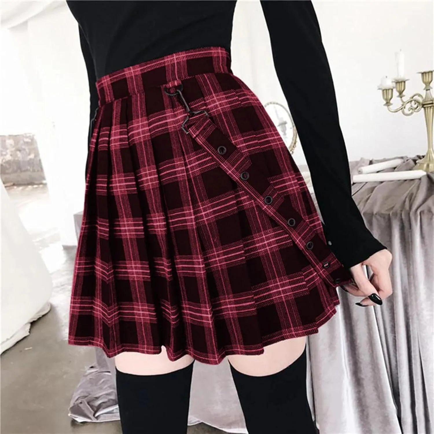 Gothic Plaid Mini Skirt Women Strap Pleated Skirts Waist Casual Plus