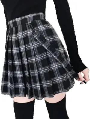 Gothic Plaid Mini Skirt Women Strap Pleated Skirts Waist Casual Plus