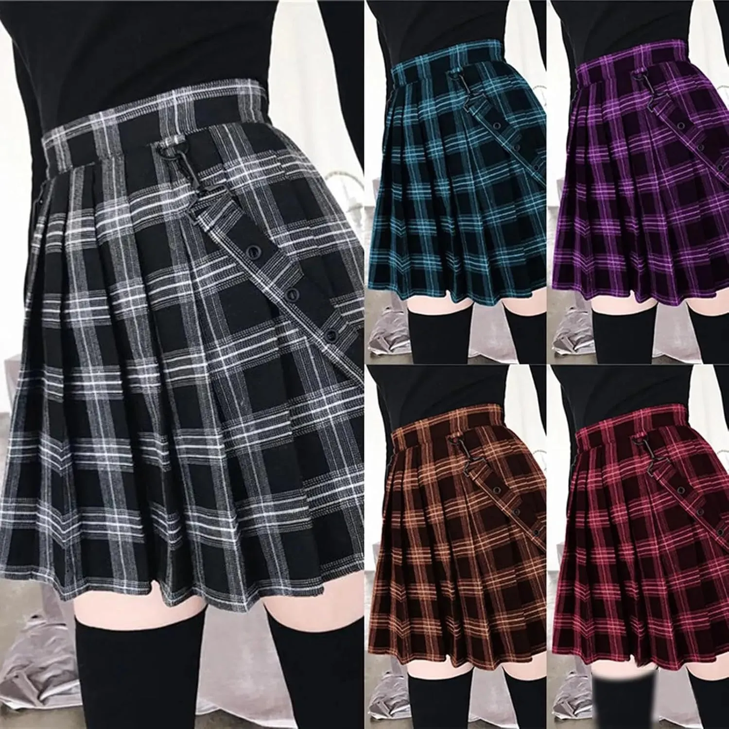 Gothic Plaid Mini Skirt Women Strap Pleated Skirts Waist Casual Plus