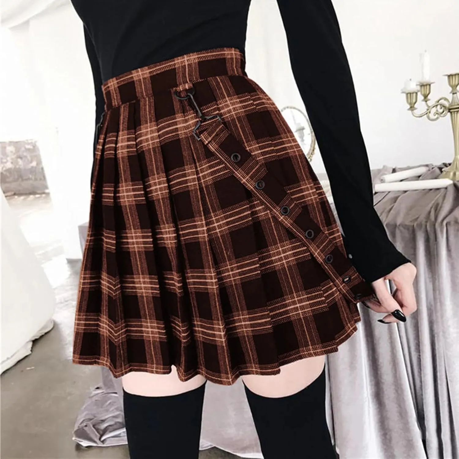 Gothic Plaid Mini Skirt Women Strap Pleated Skirts Waist Casual Plus