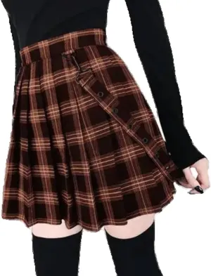 Gothic Plaid Mini Skirt Women Strap Pleated Skirts Waist Casual Plus
