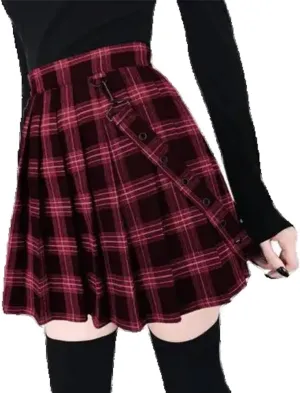 Gothic Plaid Mini Skirt Women Strap Pleated Skirts Waist Casual Plus