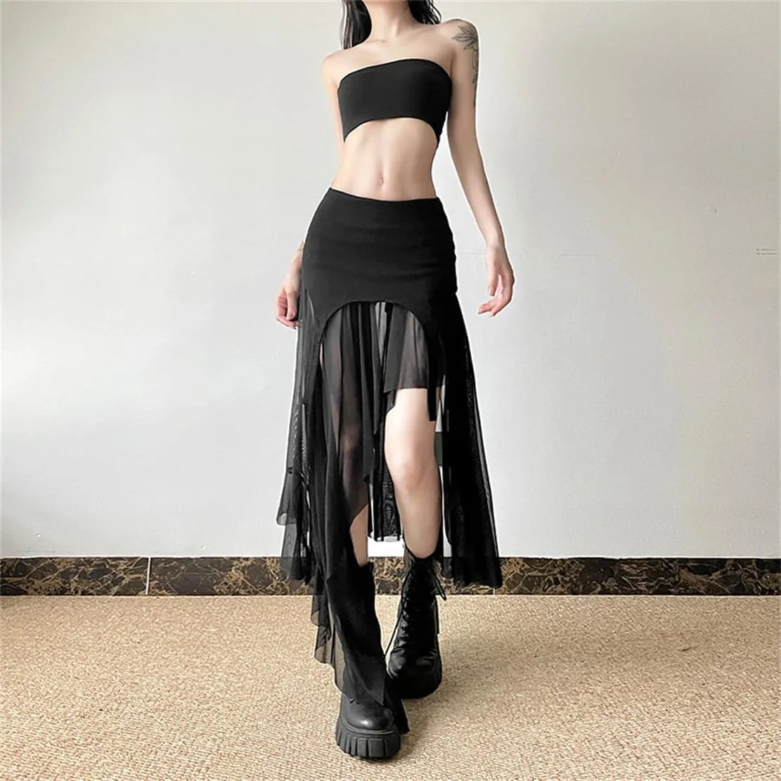 Gothic Women High Waist A Line Skirt Y2K Casual Stretchy Black Ruffle Pleated Flared Skirts