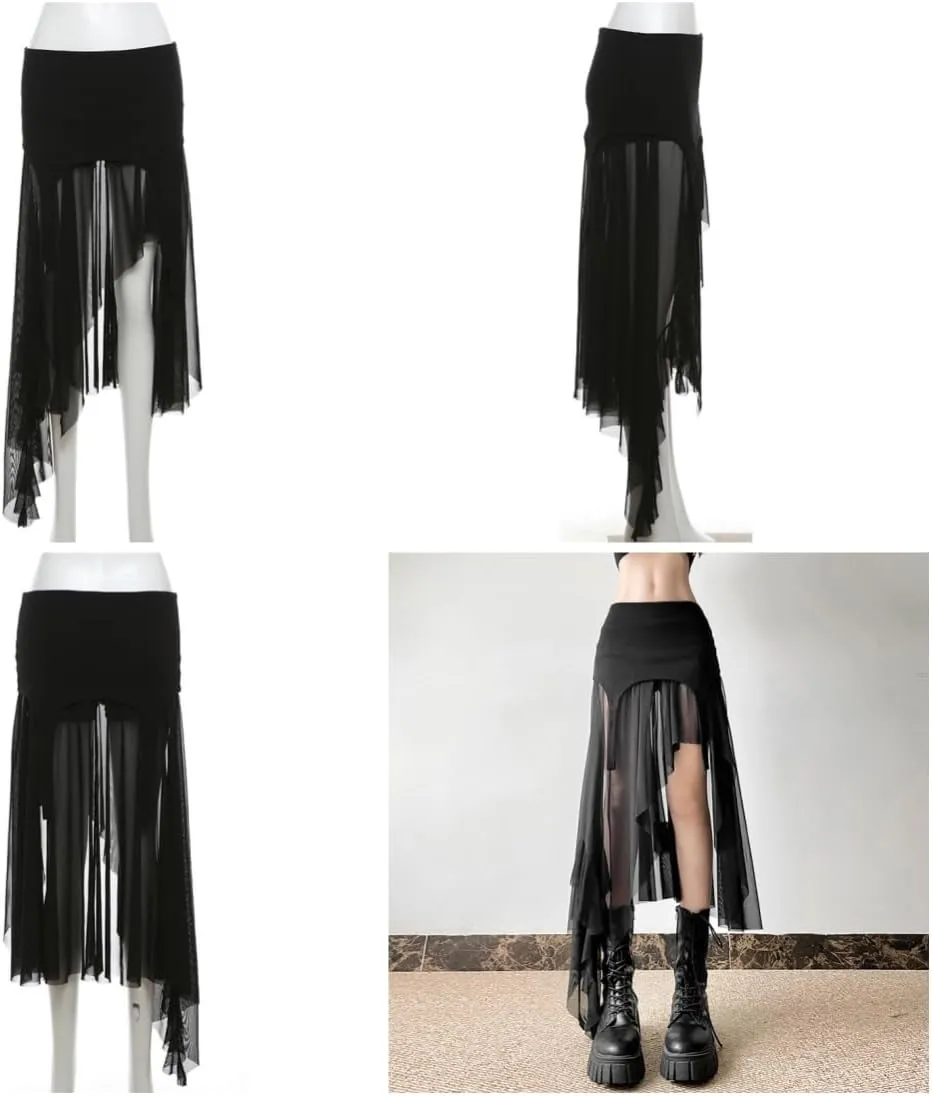 Gothic Women High Waist A Line Skirt Y2K Casual Stretchy Black Ruffle Pleated Flared Skirts