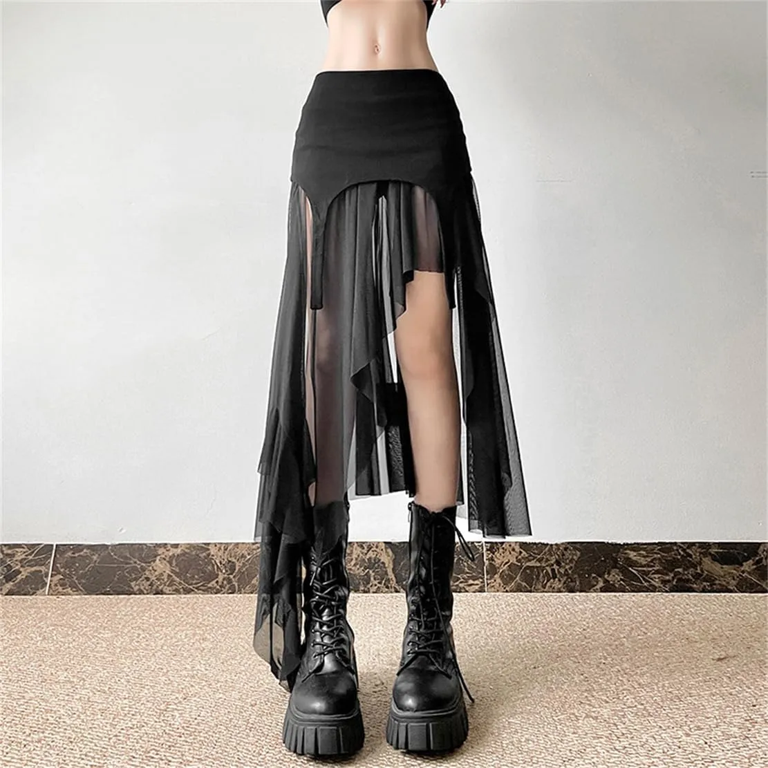 Gothic Women High Waist A Line Skirt Y2K Casual Stretchy Black Ruffle Pleated Flared Skirts