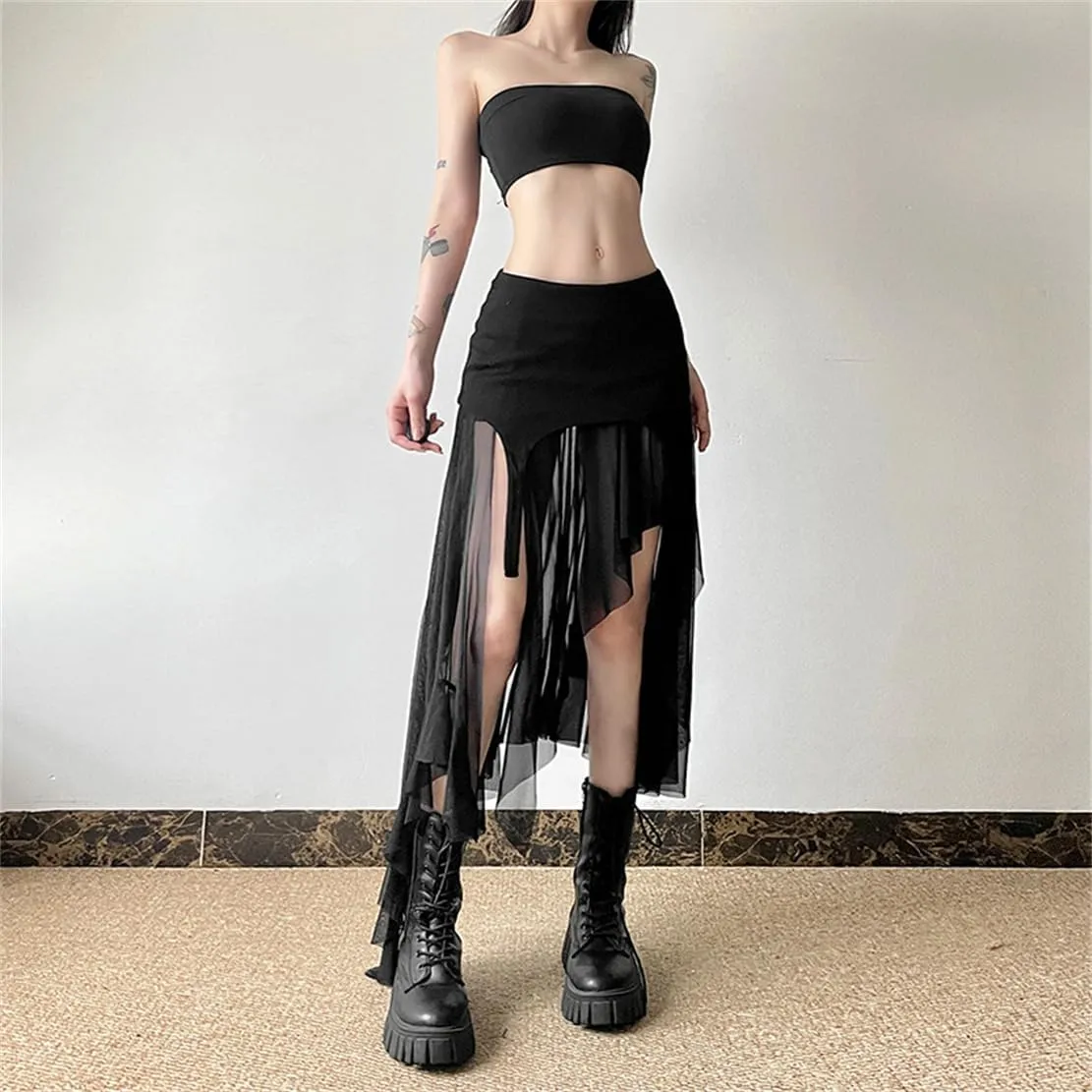 Gothic Women High Waist A Line Skirt Y2K Casual Stretchy Black Ruffle Pleated Flared Skirts