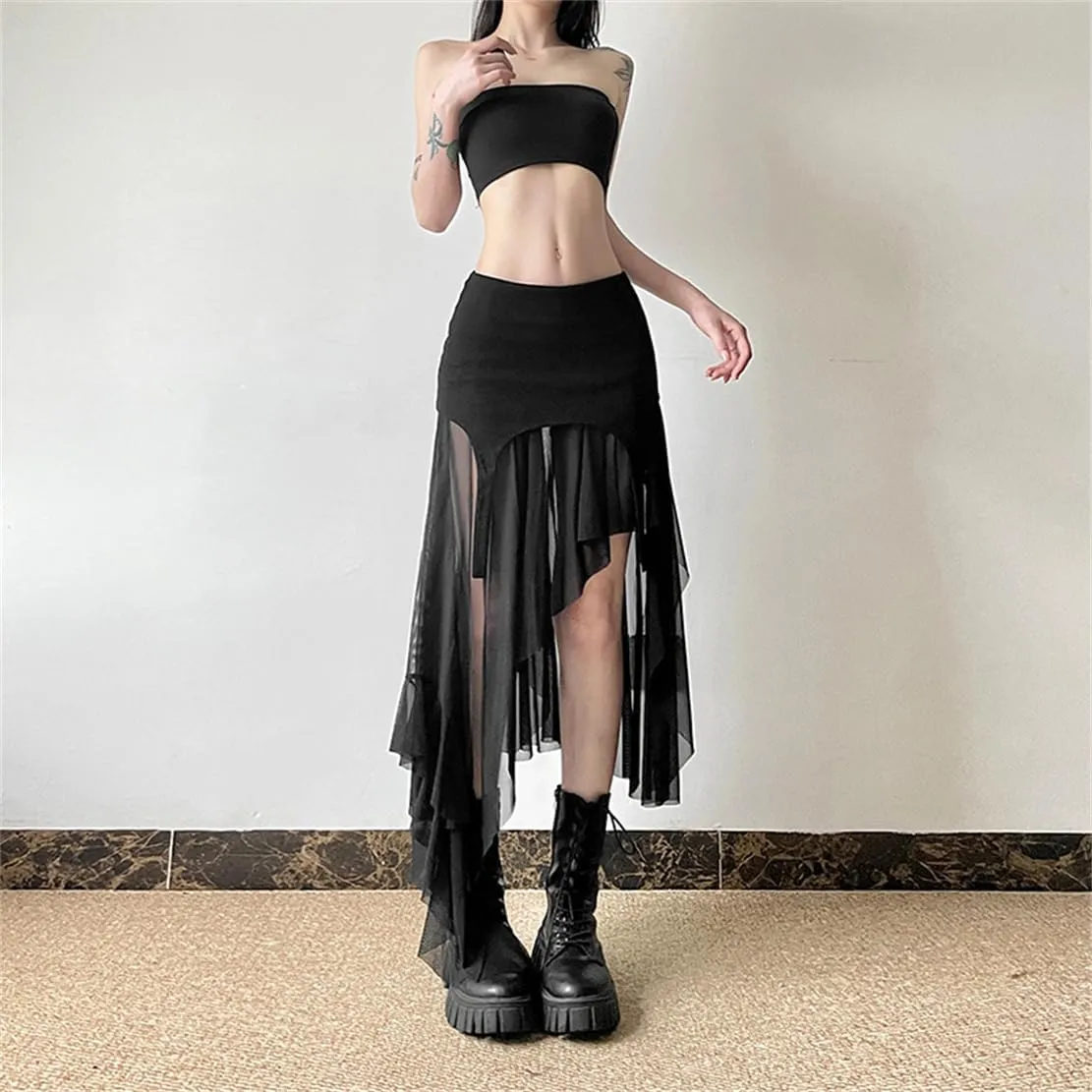 Gothic Women High Waist A Line Skirt Y2K Casual Stretchy Black Ruffle Pleated Flared Skirts