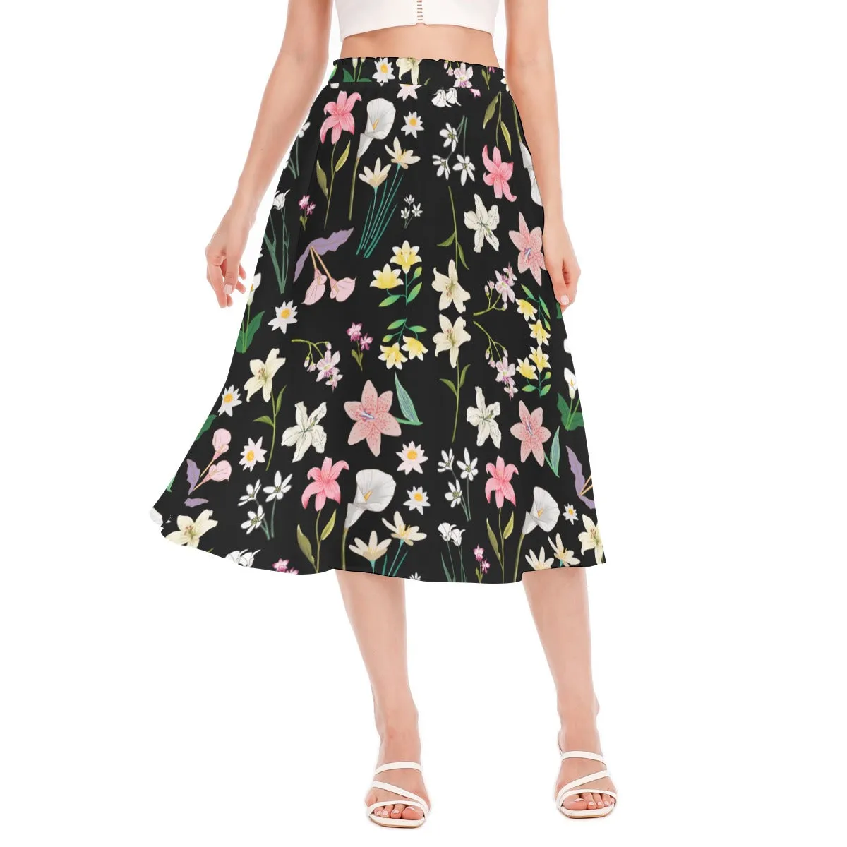 Graphic Lillies Black Chiffon Skirt No Pockets up to 2 XL (FWS)