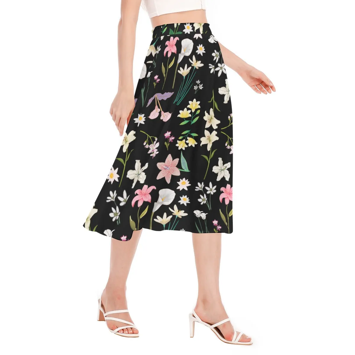 Graphic Lillies Black Chiffon Skirt No Pockets up to 2 XL (FWS)