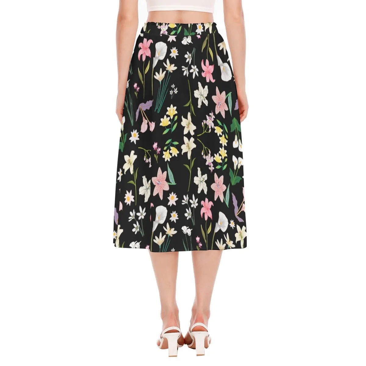 Graphic Lillies Black Chiffon Skirt No Pockets up to 2 XL (FWS)