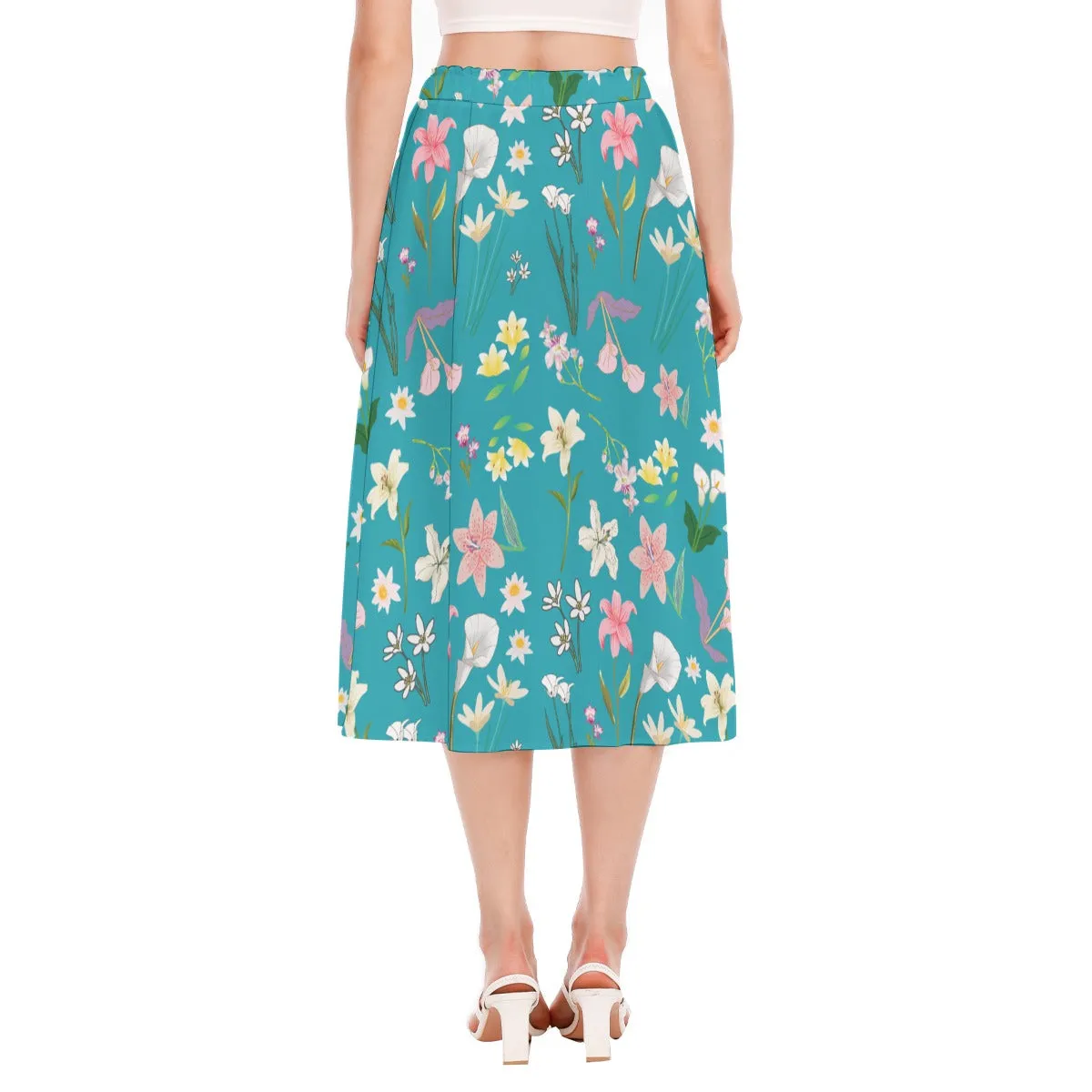 Graphic Lillies Teal Chiffon Skirt No Pockets up to 2XL (FWS)