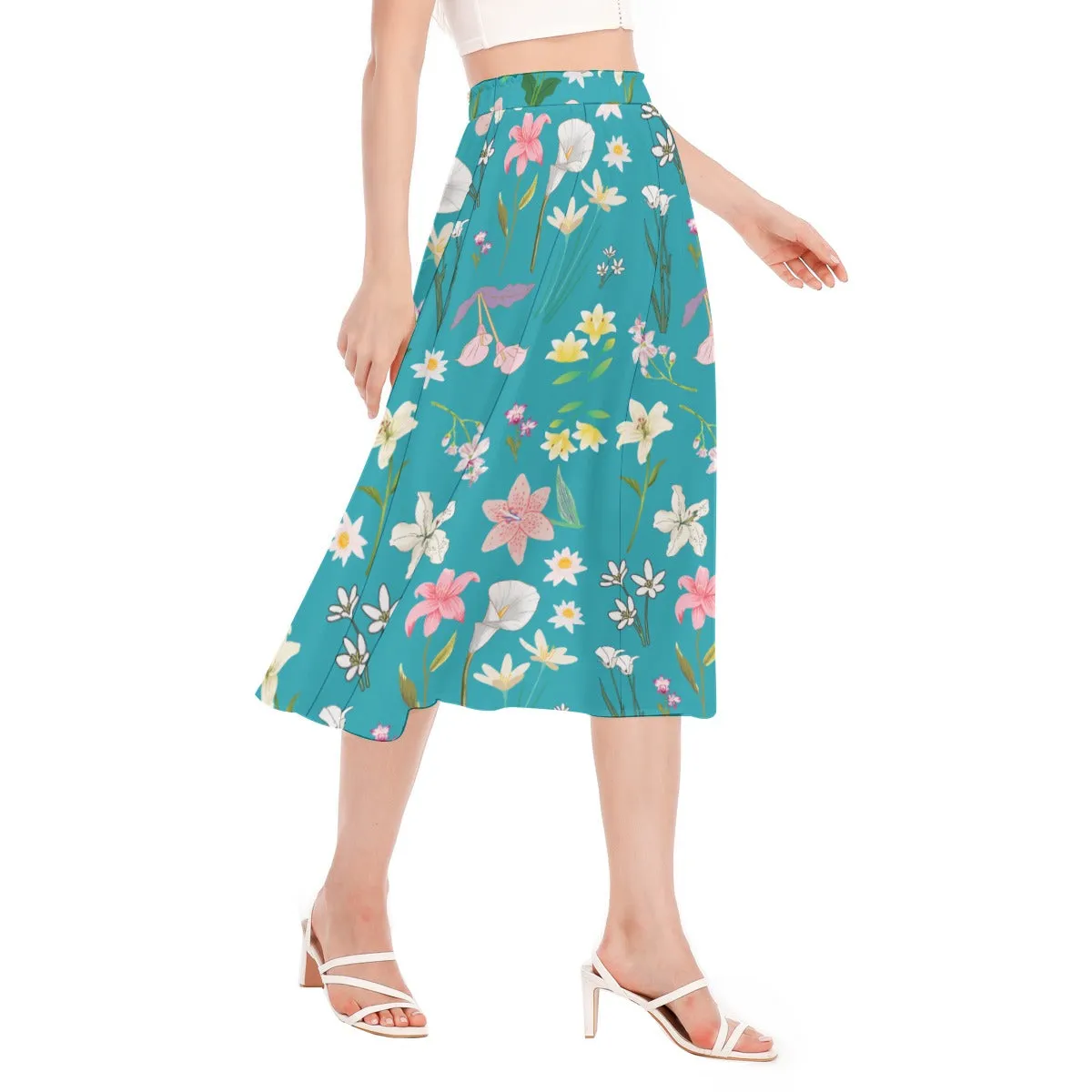 Graphic Lillies Teal Chiffon Skirt No Pockets up to 2XL (FWS)