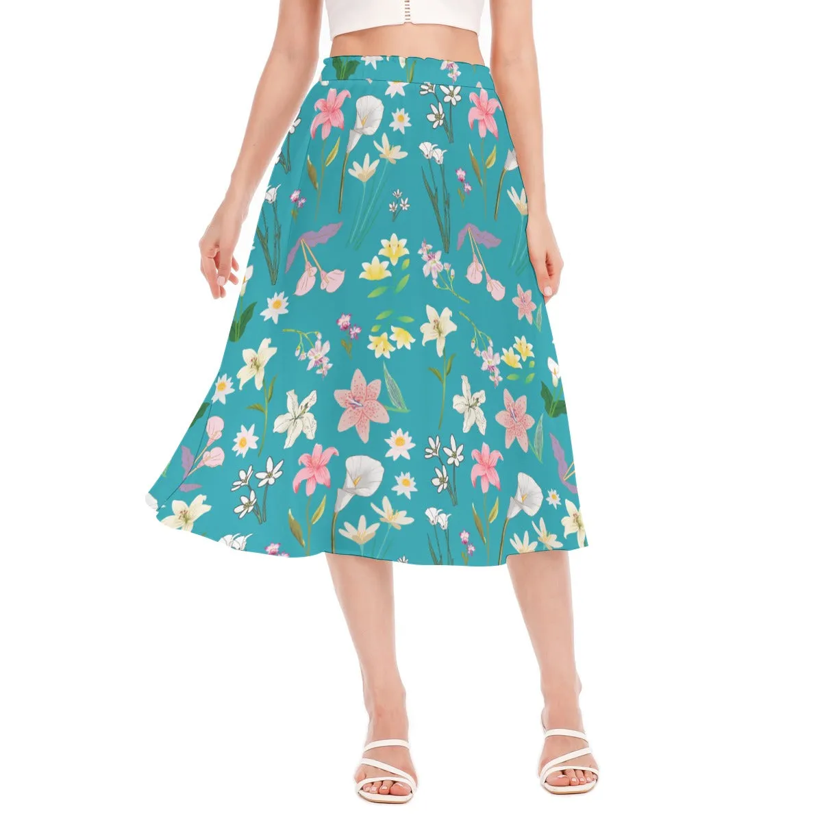 Graphic Lillies Teal Chiffon Skirt No Pockets up to 2XL (FWS)