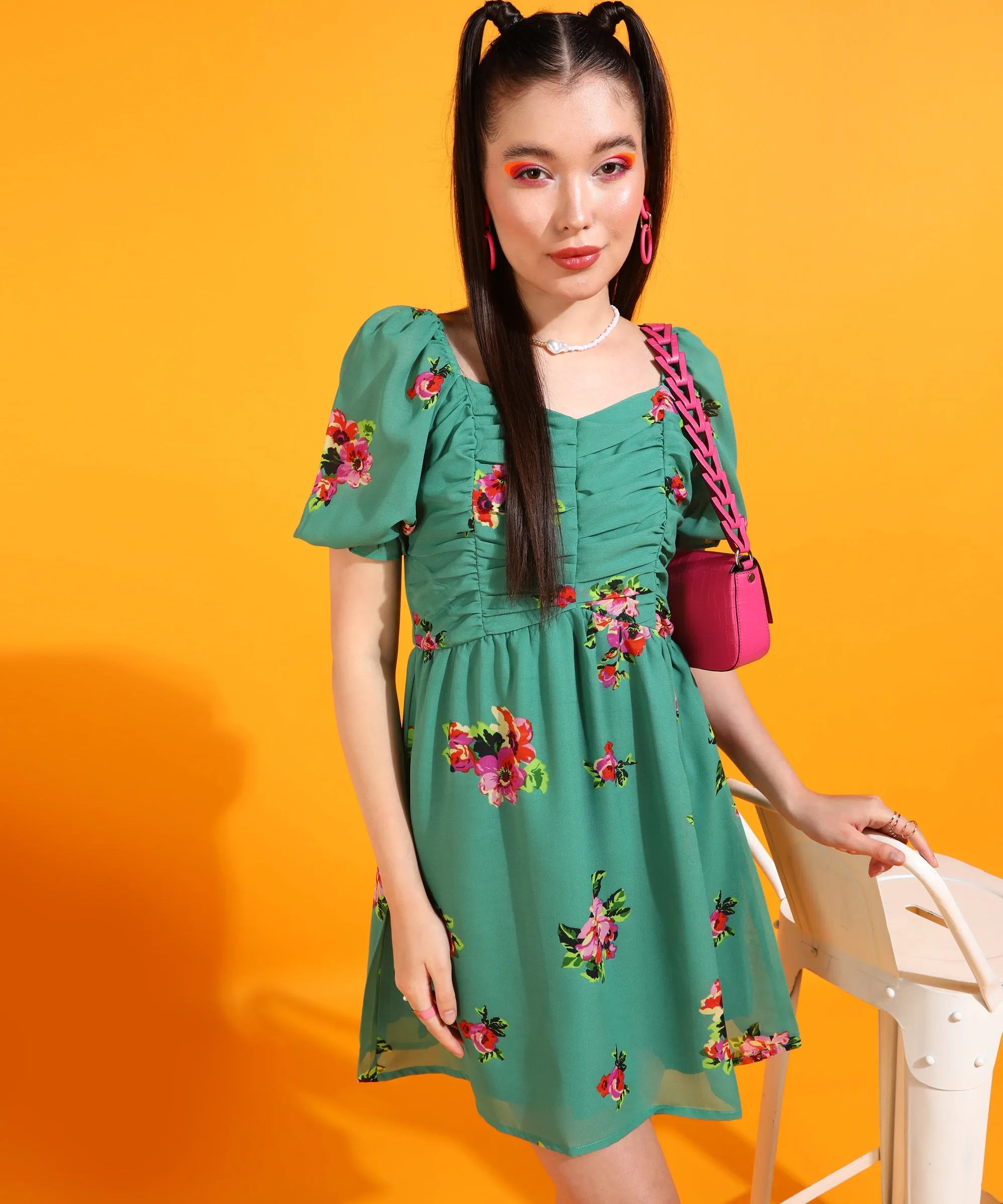 Green Above Knee Floral Dress