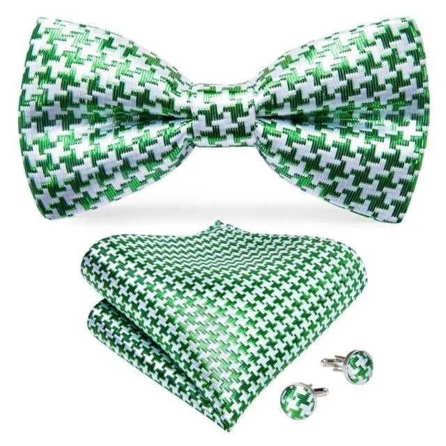 Green & White Geometric Matching Bowtie Set (3pc)